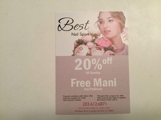 Coupon for 20% of or a Free Mani with any Pedicure!