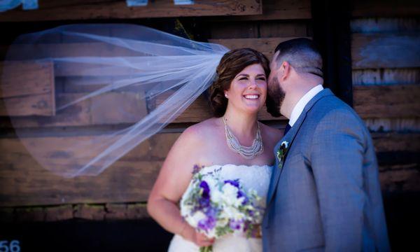 Bride and Groom in front of vintage train station in Sonoma