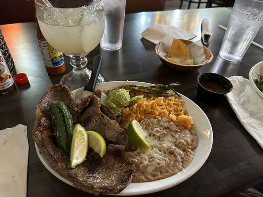 Carne Asada with rice and beans and the Monday $1.99 margarita