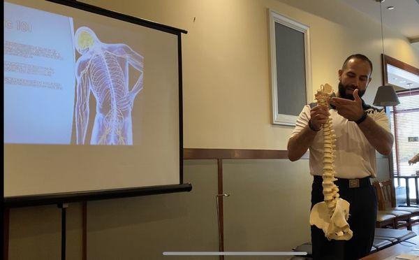 Dr. Pete shows and explains structures of the spine and nervous system so the audience can better understand their importance.