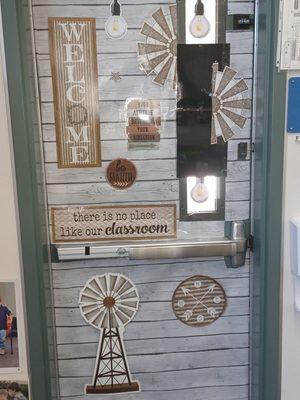 Lakeshore has Farmhouse style classroom decorations. The door has Better than Paper. The large roll covers 2 standard doors