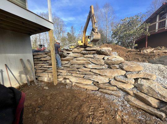 Retaining wall being built