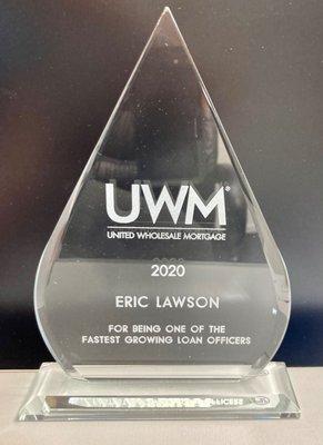 2020 Fastest Growing Loan Agent Award for Eric Lawson