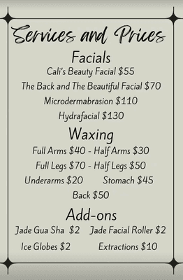 Price sheet. Stay Glowing!