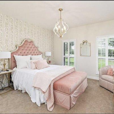 Wallpaper, upholstered headboard, custom bench, custom chair and all bedding was by La Belle Vie..