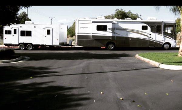 65 foot production combo with make up wardrobe trailer this set up has four restrooms two on board motor home and two with make up trailer