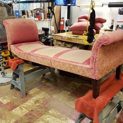 European Sleigh day bed, broken frame. Before upholstery