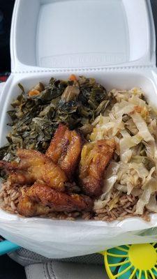 Veggie Dish With Collard greens, cabbage , plantains and rice and peas.