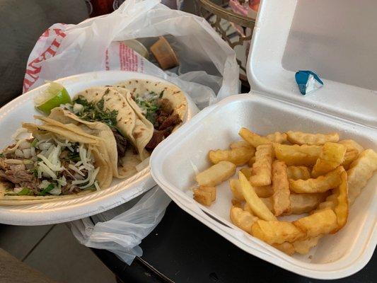 Cartinas on corn & I got a tripa and a Barbacoa on flour with a side of fries and a Dr Pepper! All for $14