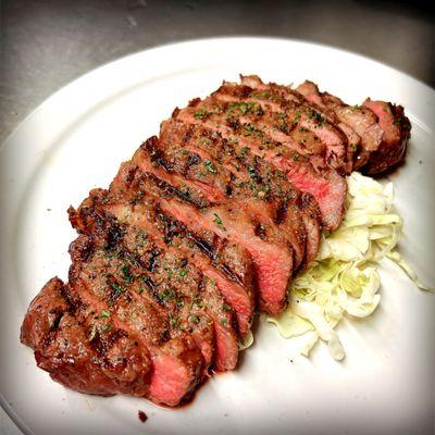 New York Steak. 
Comes with rice/mac salad.