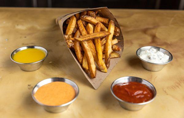 Fancy Fries with sauce: Fresh cut homemade fries with skin on. Variety of house made sauces