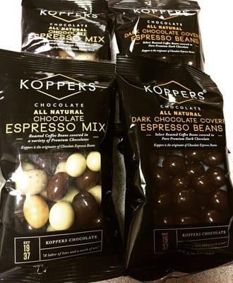 We offer Koppers chocolate covered espresso beans. Highly addictive and delicious.