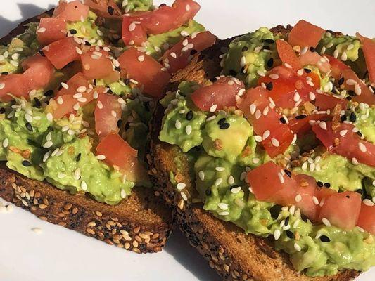 Avocado Toast:
 Toasted whole grain bread, fresh avocado, tomatoes, and everything bagel seasoning