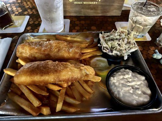 Two piece Fish and Chips with coleslaw and tartar sauce