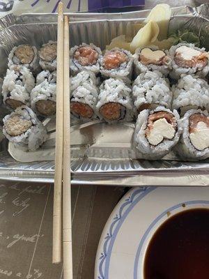 Sushi that looks like it was minced, not actual whole fish (save for the Philadelphia roll on the right)