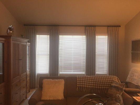 2'' Wood Blinds with Linen Stationary Drapery Panels with Decorative Rods