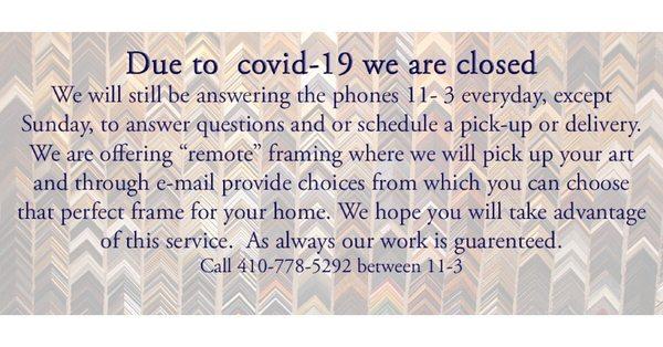 We are temporarily closed due to the Coronavirus Pandemic. Please don't hesitate to contact us with any questions or concerns. Thank you