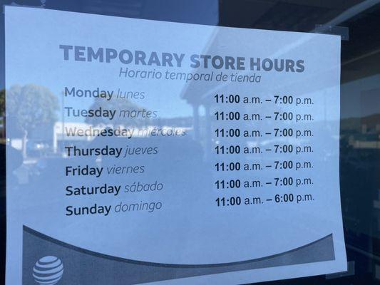 Temporary Hours posted in window