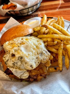 The Breakfast burger with chive fries ($13.95).