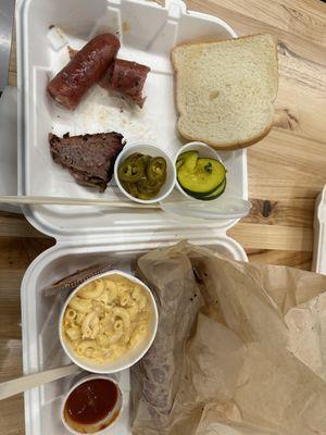 brisket and sausage with a side of mac & cheese