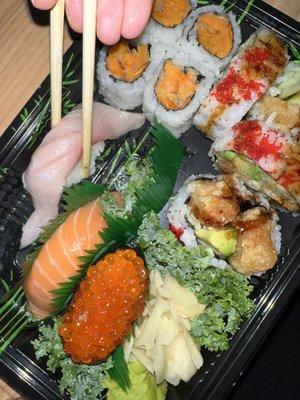 Yellowtail, Salmon, Salmon Roe, Yam Roll, Shrimp Tempura Roll