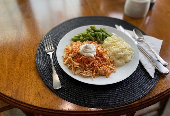 Salsa Chicken, Smashed Potatoes, and Veggies