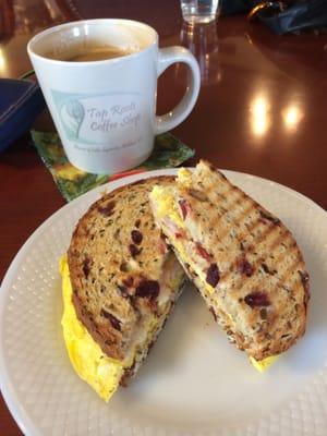 Breakfast sandwich on wild rice cranberry bread