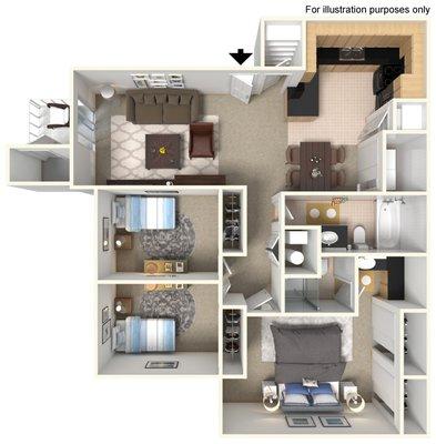 Artist depiction of 3 bedroom apartment.