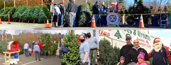 Volunteers staff the Salem NH Exchange Club Annual Christmas Tree Sale, behind Drive Custom Fit & Tuscan Market at 12 Via Toscana, Salem NH