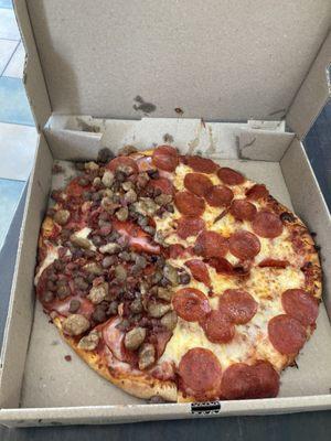 Half pepperoni, half meat lovers