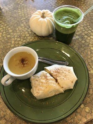 Organic scramble burrito and butternut squash soup & the Carmen juice.