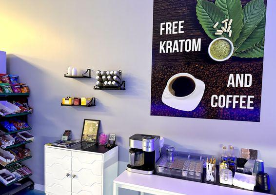 Self-serve coffee and kratom bar with a wide variety snack selection to the left.