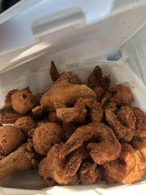 Fried shrimp, wings, hush puppies