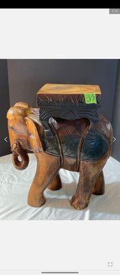 Carved and painted wooden elephant seat, side table or plant stand.