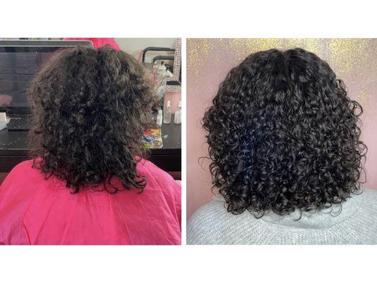 Before and after of this curly cut. We had to blend the 2 sections and add a flattering shape.