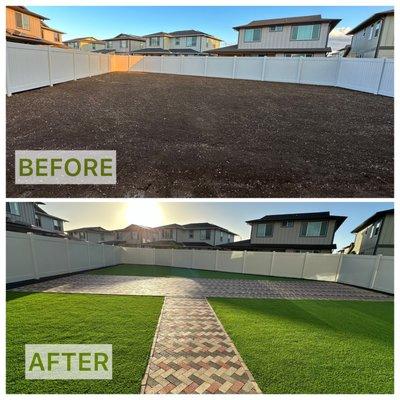 Synthetic Turf and Buff Brick Pavers.