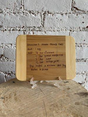 Engrave the exact handwriting from your recipe card on these cutting boards. A great Family Heirloom to have displayed