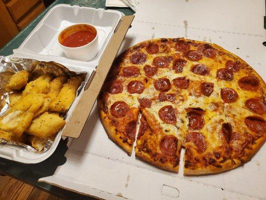 Pepperoni Pizza and breadsticks