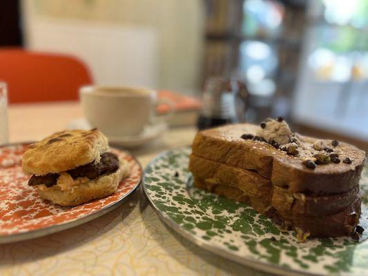 Sausage biscuit with pimiento cheese & cannoli French toast