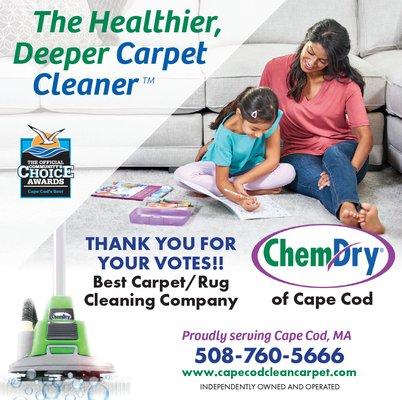 Thank you to all who voted for this year's Cape Cod's Best Community Choice Awards! We're honored to be Best Carpet/Rug Cleaning Company!