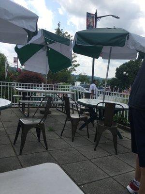 Outdoor patio. View of water.