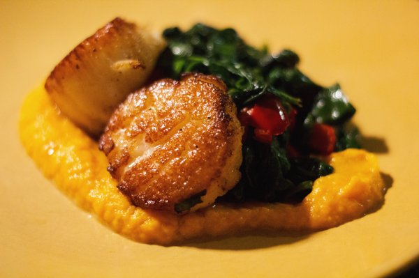 Seared Scallops w/ Sweet Potato Puree & Braised Market Greens