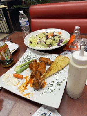 Greek salad, buffalo wings