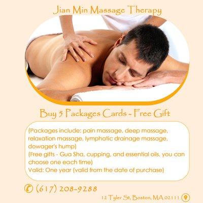 Buy 5 Packages Cards - Get a Free Gift
(Packages include: pain massage, deep massage, relaxation massage, lymphatic drainage massage, dowag