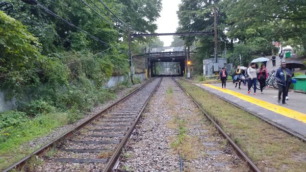 Looking outbound from between the tracks at Newton Highlands MBTA Station