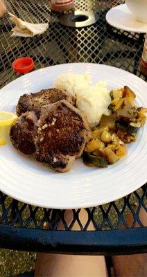 Filet, garlic mashed potatoes, sautéed vegetables