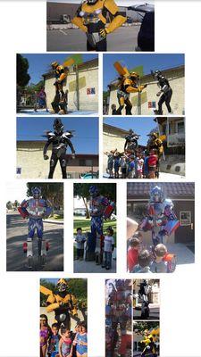 6'-7" to 7'-6" tall, and yes, they do stunt shows too!! Optimus Prime, Bumblebee and Megatron