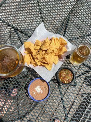 Beers, chips, salsa, bean dip