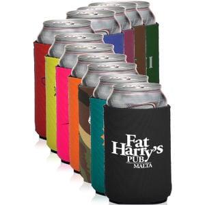 We offer custom imprinted can coolies, can huggers, and bottle huggies!