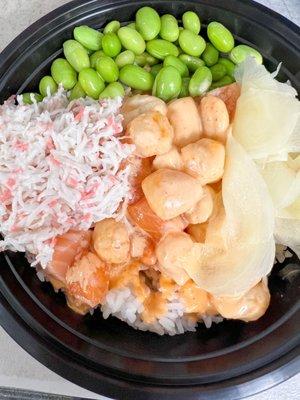 Poke Bowl with salmon, scallops, edamame, ginger, and crab meat